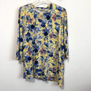 LOGO Lori Goldstein Top Tunic S Yellow Blue Floral Asymmetric Hem Pocket Casual